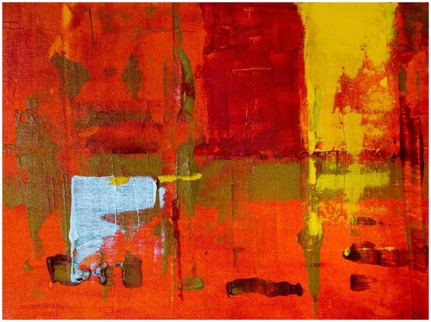 Bold abstract artwork with dynamic colors and text