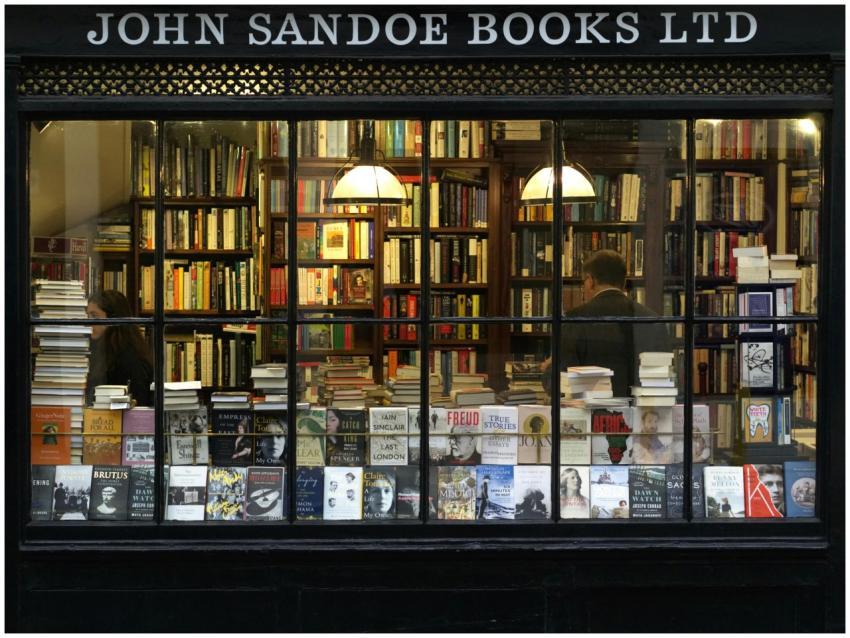 A cozy London bookstore showcasing various books t