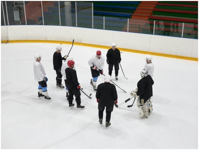 A team of male ice hockey players gathers on the r