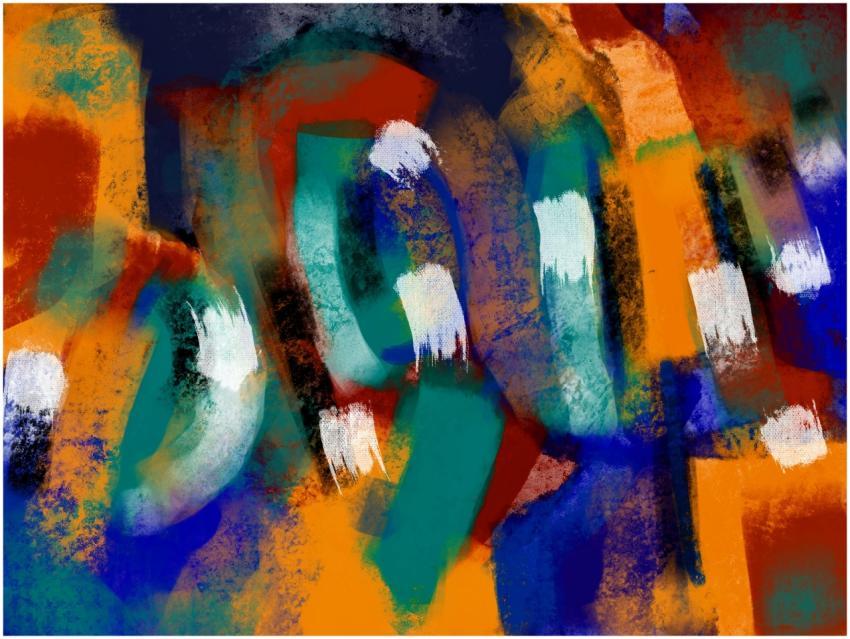 A colorful abstract painting with bold strokes and