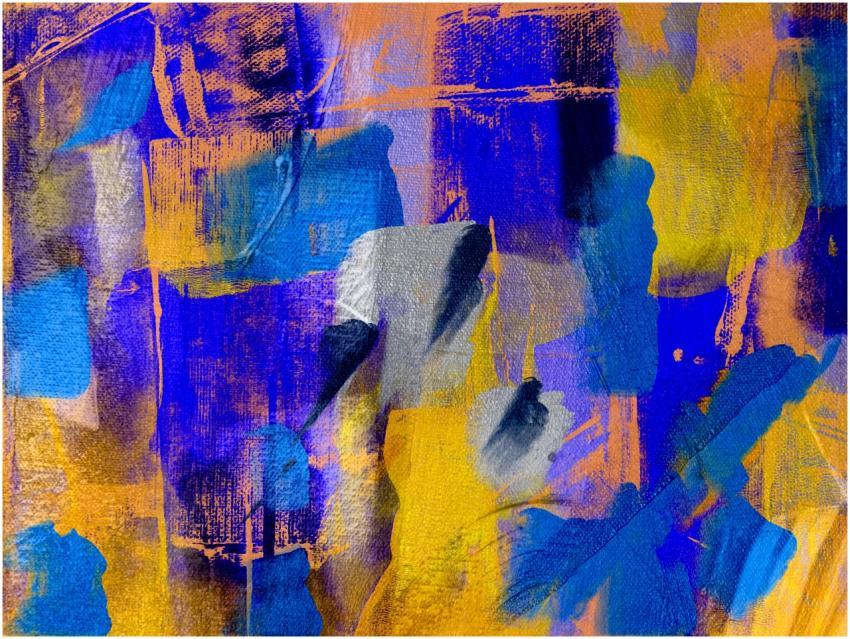 Dynamic abstract painting with rich blue and gold