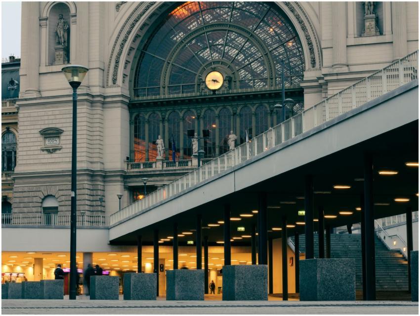 Grand facade of iconic train station in Budapest,