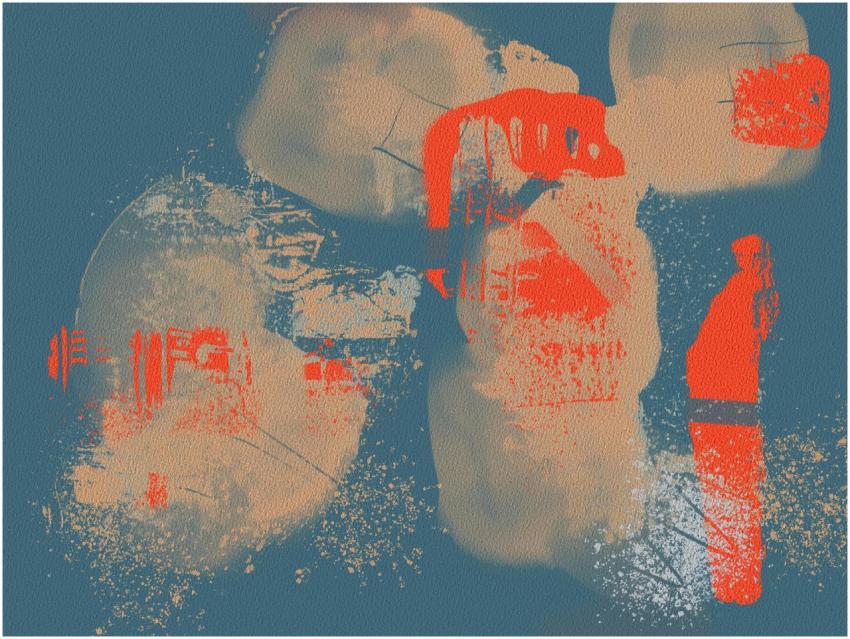 Dynamic abstract art with vivid orange and blue hu