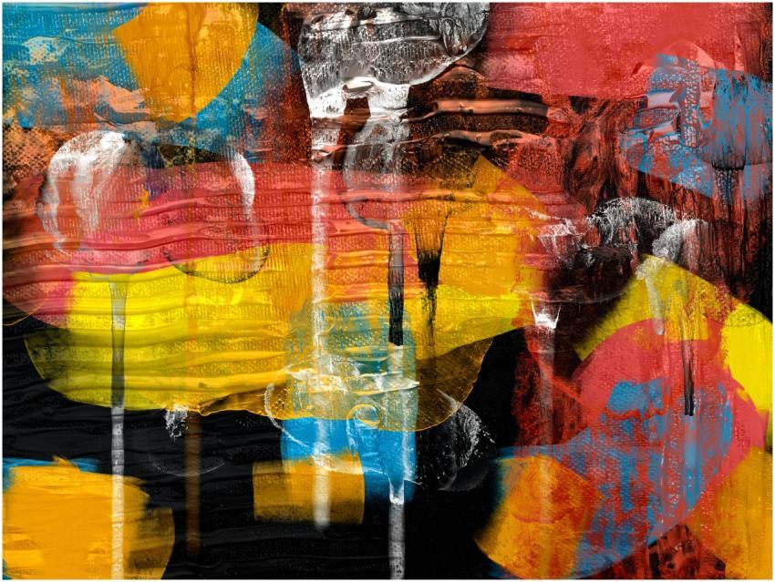 Dynamic abstract painting featuring bold colors an