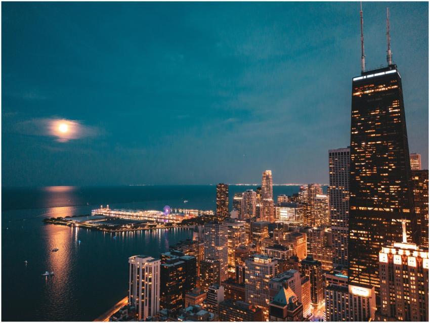 Stunning aerial view of Chicago skyline under a fu