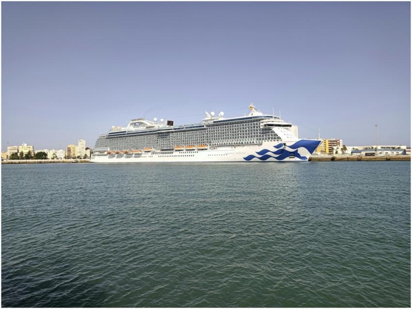 Large cruise ship docked in the scenic harbor of C