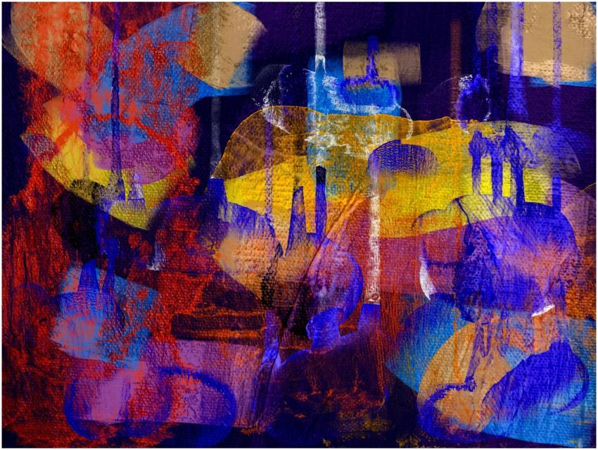 A dynamic abstract piece featuring vivid blues, pu