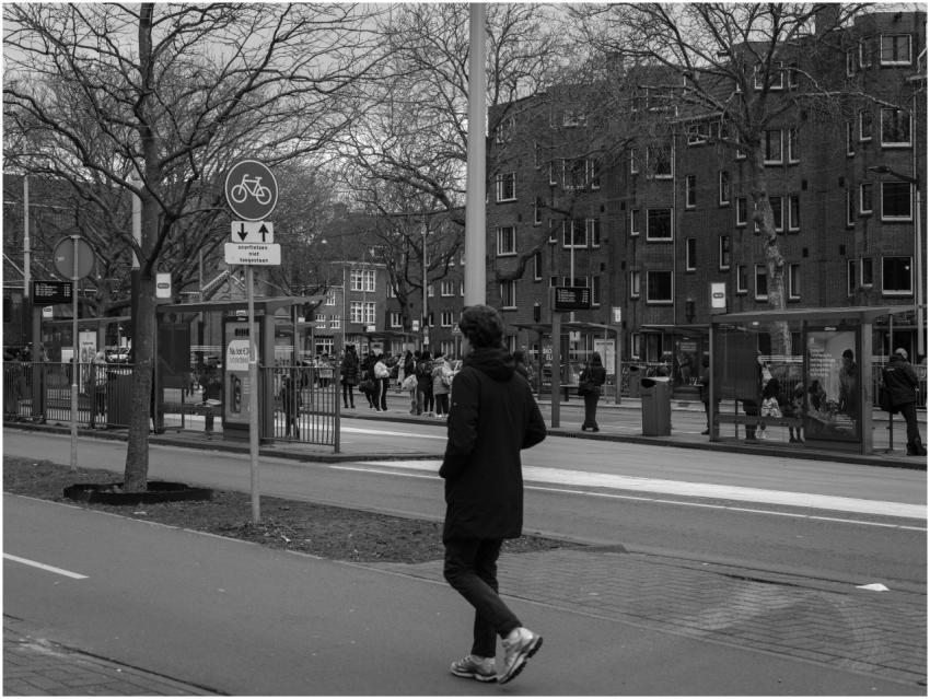 Black and white street view of Amsterdam featuring