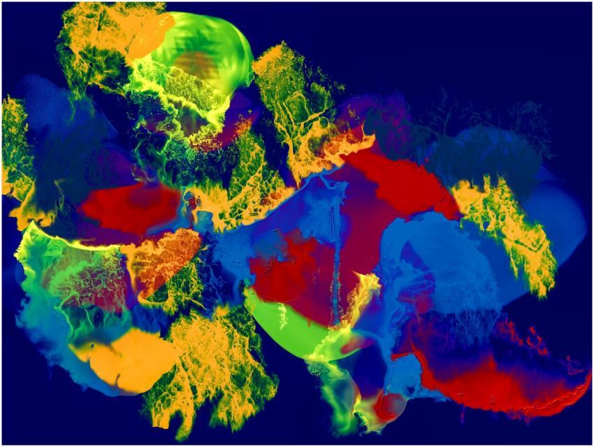 A vivid abstract painting with bold colors and dyn