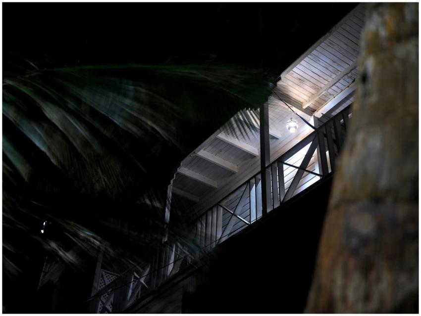 A modern house in Barbados at night, illuminated w