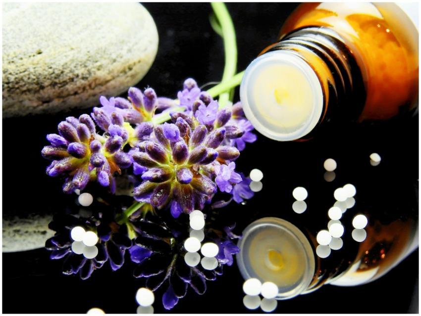Lavender flowers with herbal homeopathy on a refle