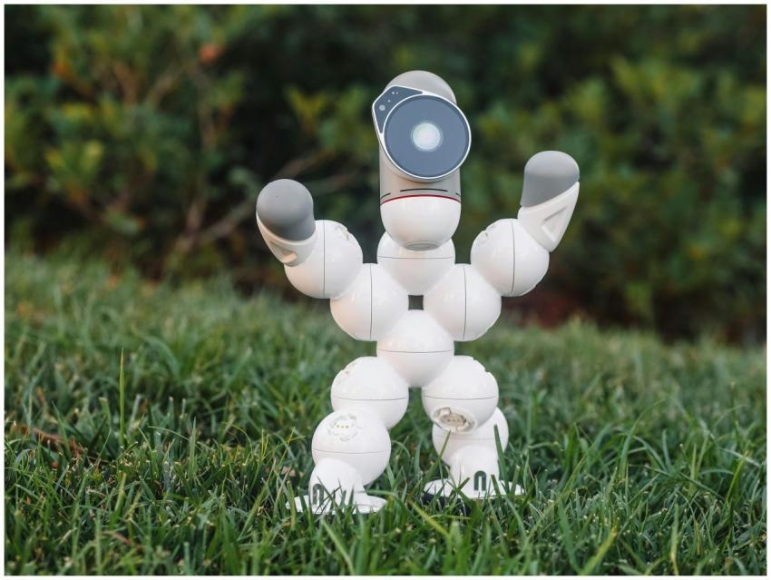 Innovative humanoid robot toy on grass, showcasing
