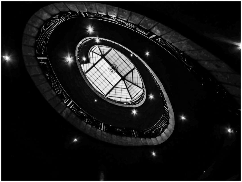 Dramatic fisheye view of architectural skylight wi