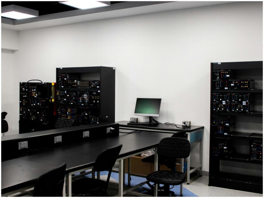 A contemporary electronics lab featuring workstati