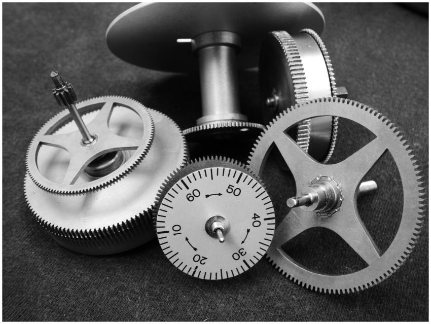 Detailed black and white image of various metal ge