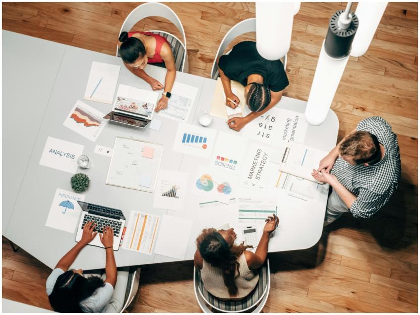 Diverse team collaborating on marketing strategy i