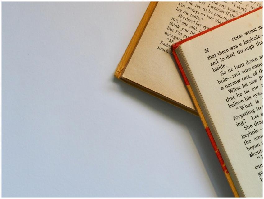 Top view of open books with visible pages and text