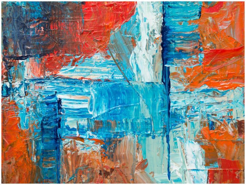 Abstract expressionist artwork featuring bold blue