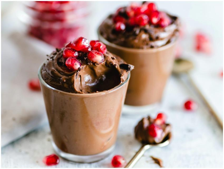 Luscious chocolate mousse topped with fresh pomegr