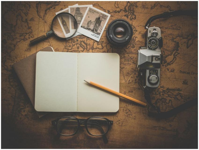 A flat lay of travel essentials on a vintage map s