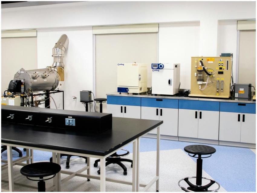 Interior view of a high-tech laboratory with cutti