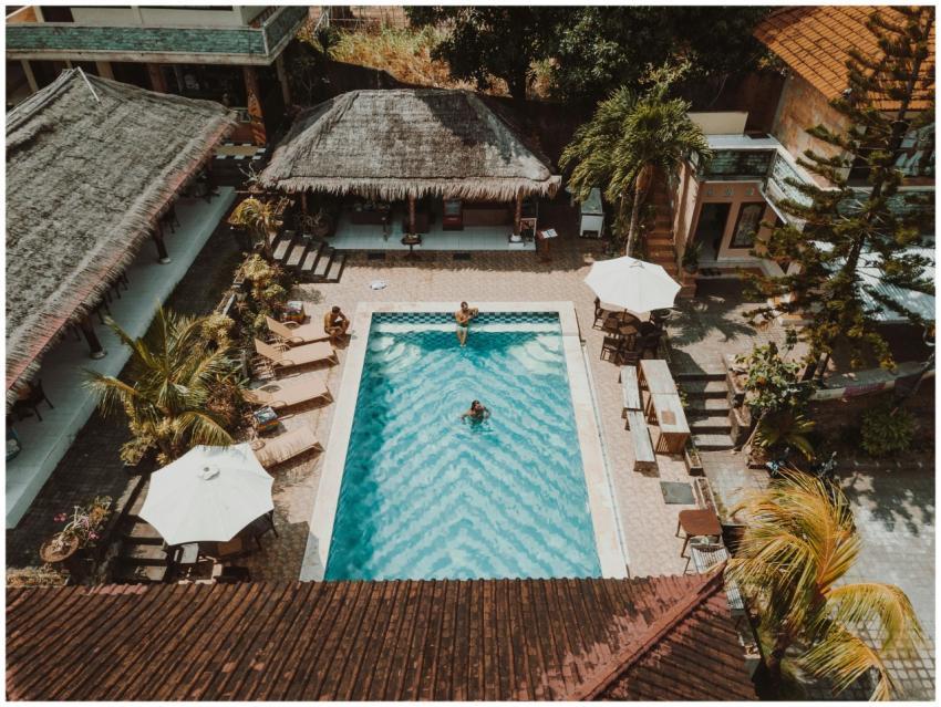 Aerial view of a luxury resort pool surrounded by