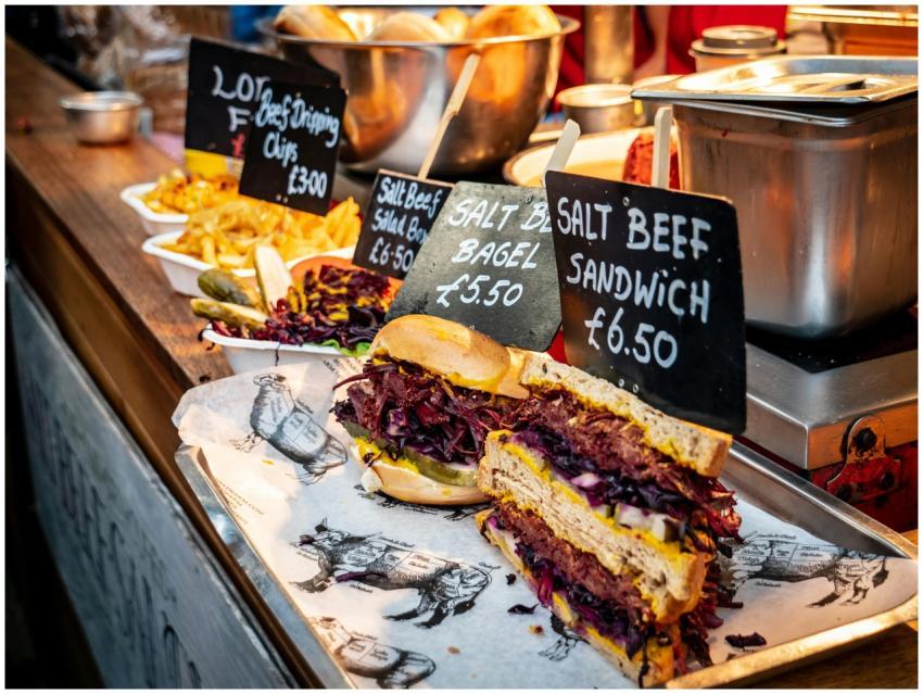 Close-up of a delicious salt beef sandwich on disp