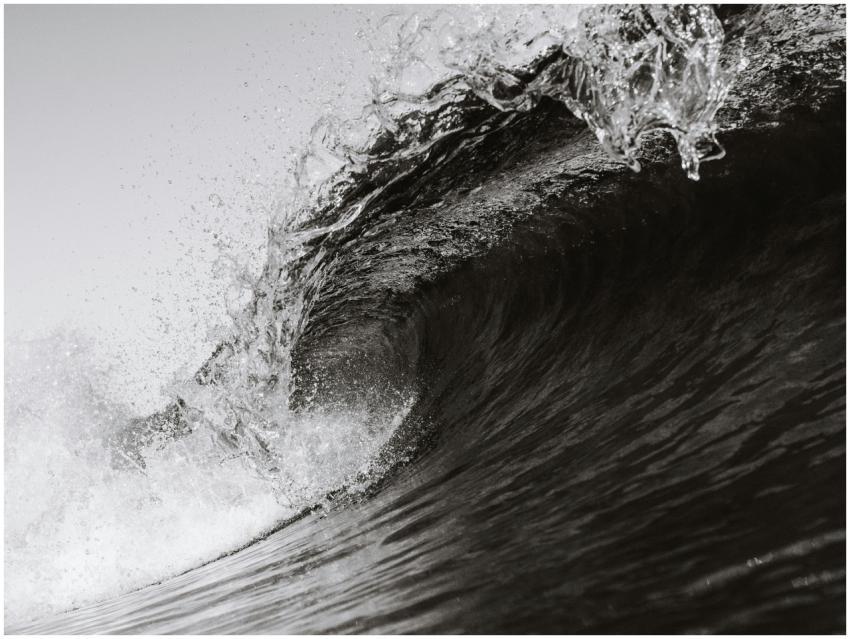 Monochrome capture of a powerful ocean wave in mot