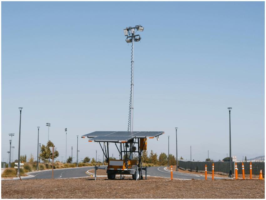 Solar powered streetlights under a clear blue sky,