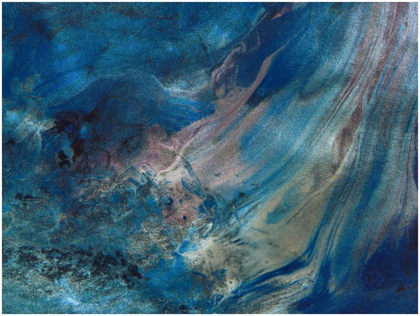 Dynamic abstract painting featuring blue swirls an