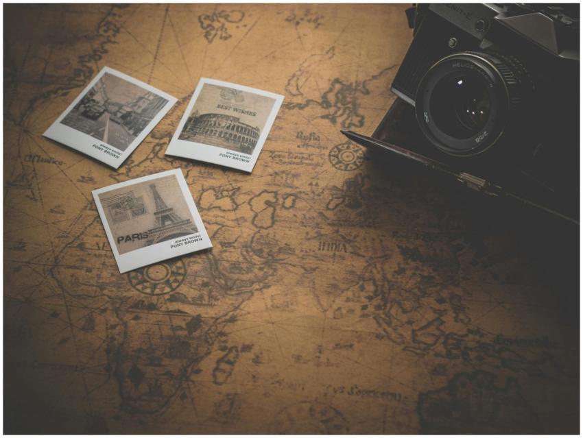 Vintage style still life with a camera, map, and t