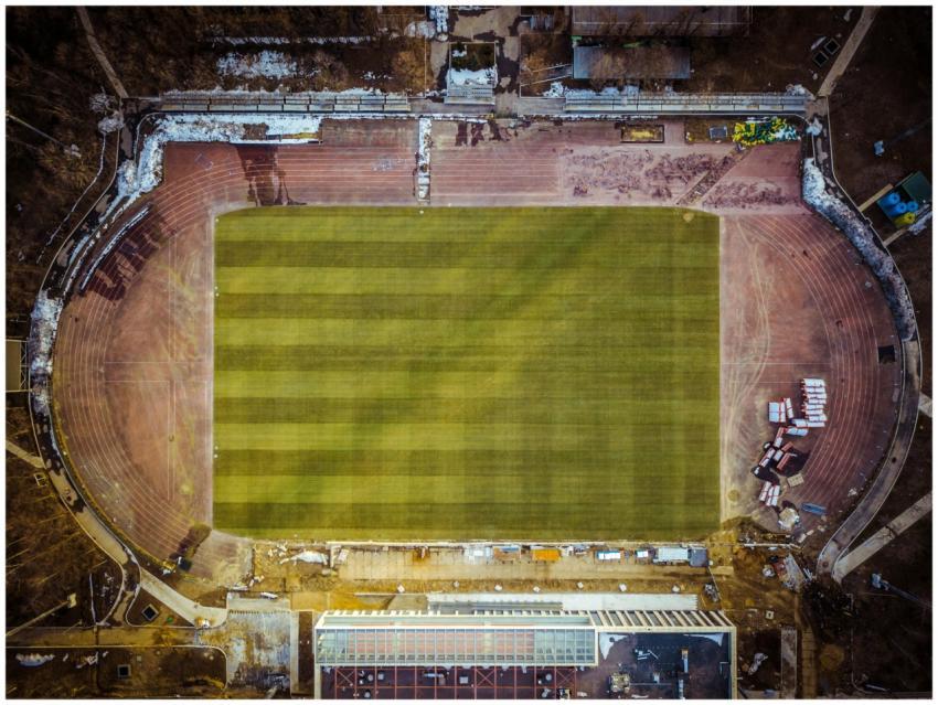 Aerial photograph of an empty sports stadium with