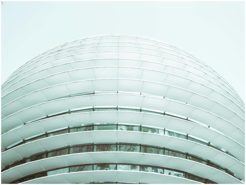 Close-up view of a modern, futuristic building wit