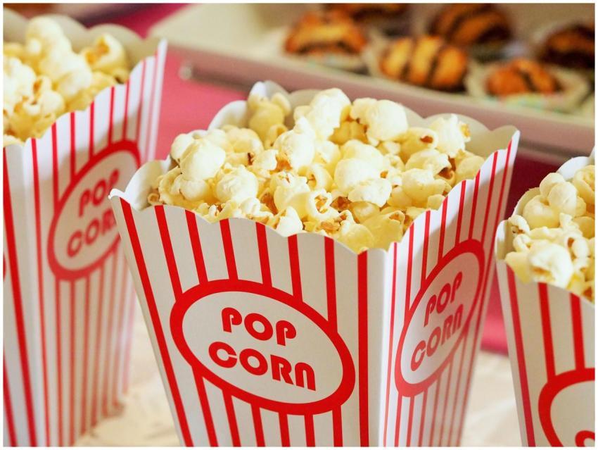 Close-up of gourmet popcorn in classic red and whi