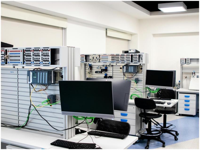 A contemporary computer lab with advanced workstat
