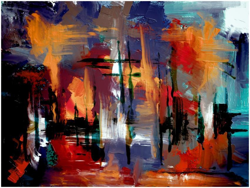 Dynamic abstract painting featuring bold brushstro