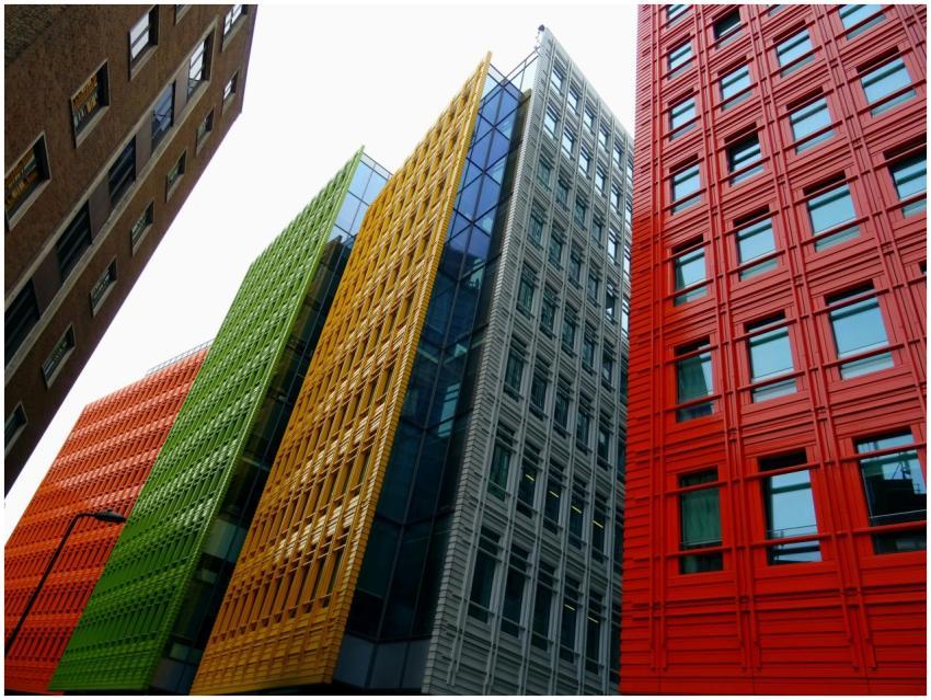 Vibrant colored skyscrapers in a modern cityscape