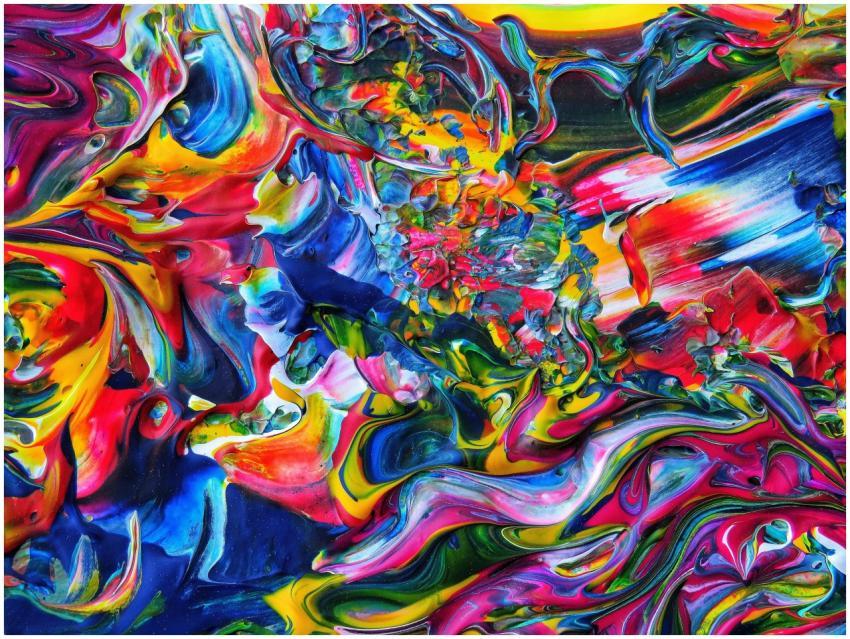 Vivid abstract acrylic painting with swirling colo