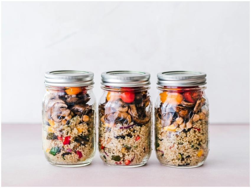 Colorful quinoa salad jar with roasted veggies, id