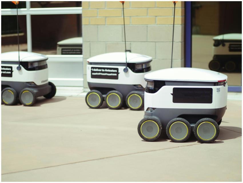 Autonomous delivery robots on a city sidewalk demo