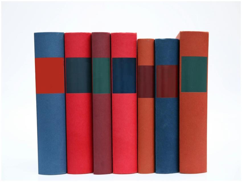 A row of colorful books with plain spines arranged