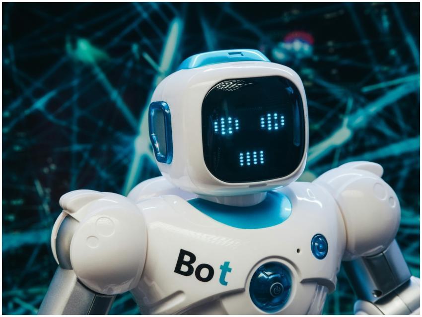 Close-up of a futuristic humanoid robot with a dig