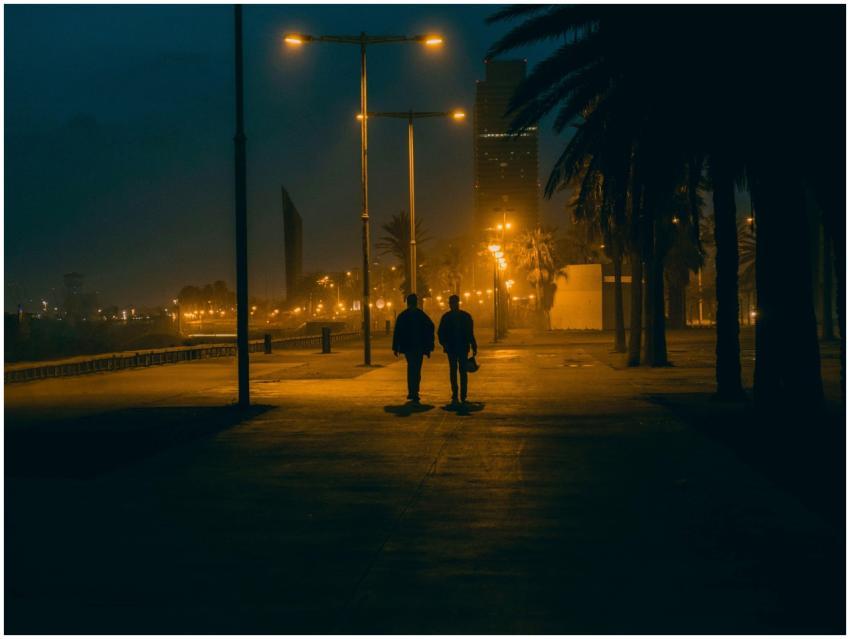 Two silhouettes walking at night along a lit urban