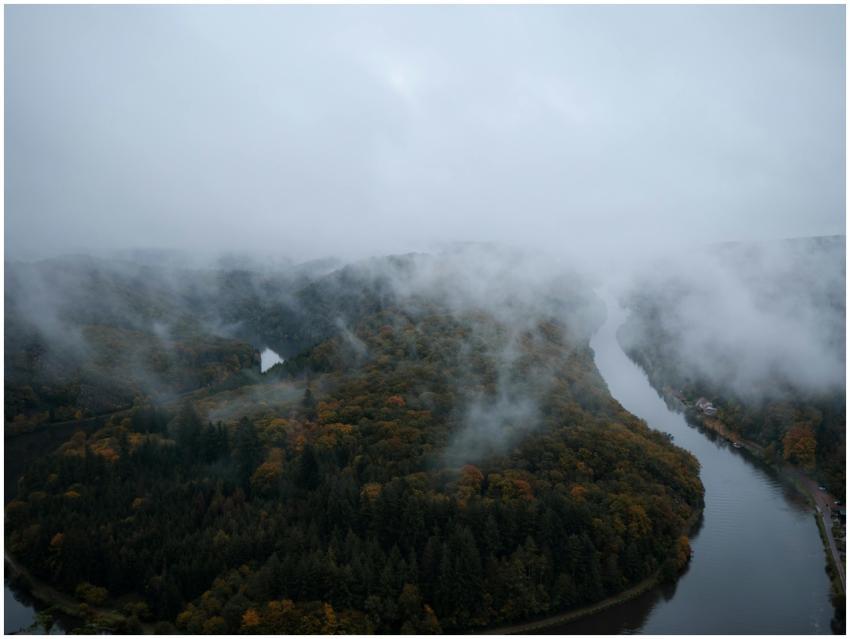 Scenic aerial view of a foggy autumn forest and ri