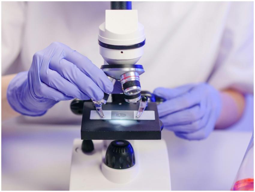 Scientist wearing gloves using a microscope in a l