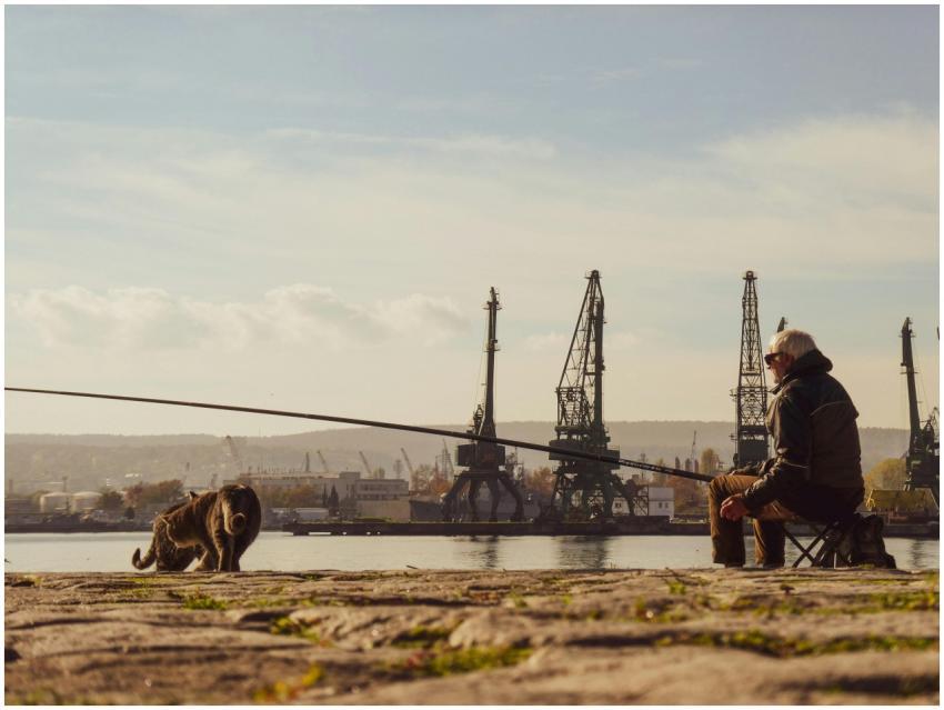 Man Fishing Industrial Harbor