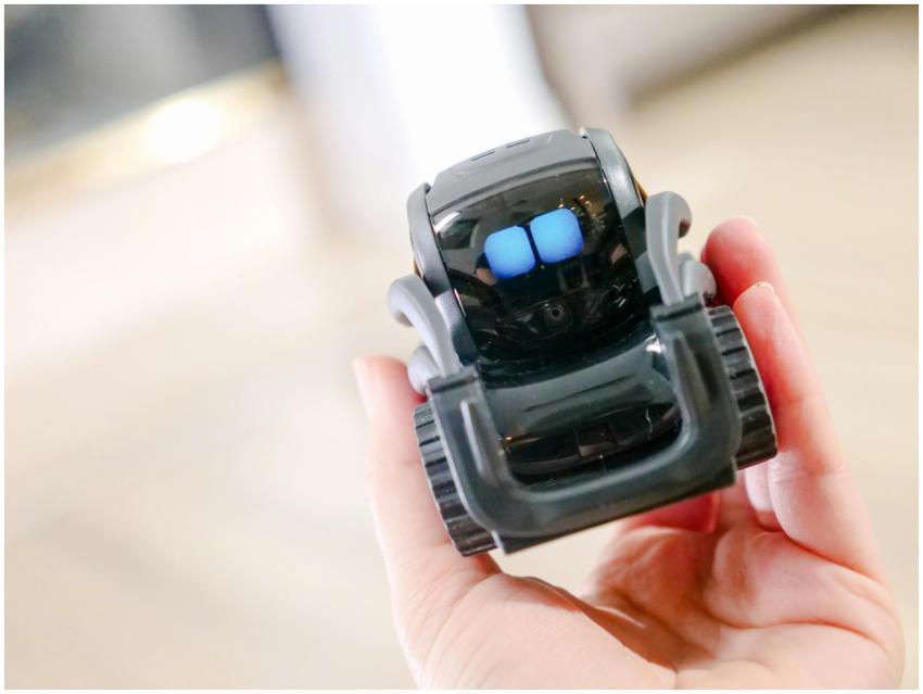 Close-up of a person holding a small modern robot,