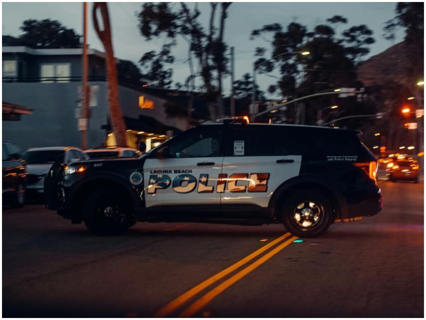Laguna Beach police vehicle patrols the street at