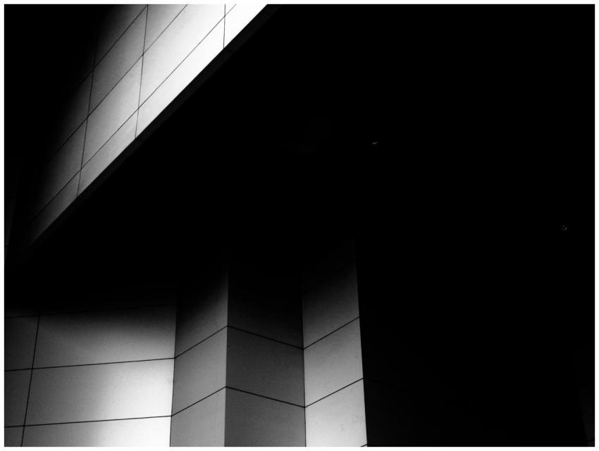 A dramatic black and white view of modern architec