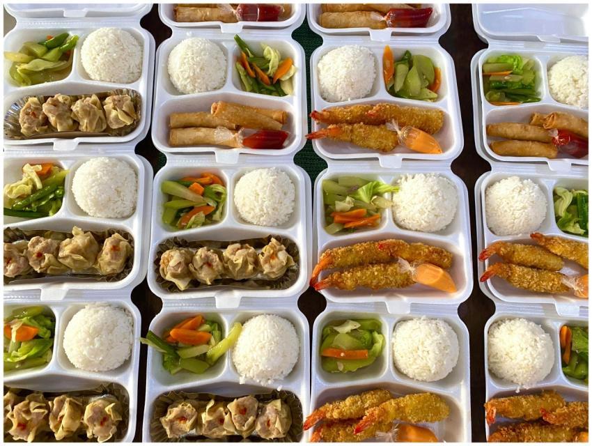 Top view of various Asian meals with rice, vegetab